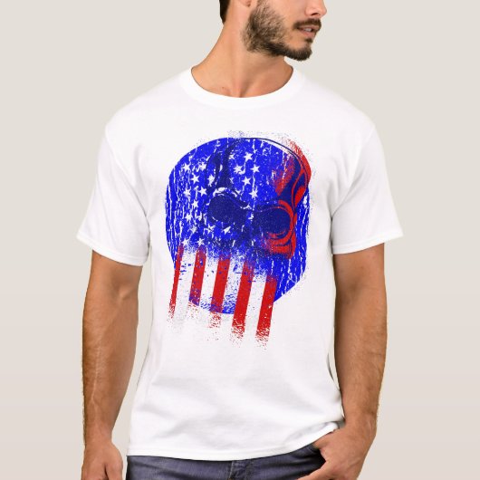 grauw patriotic skull american flag skeleton t-shirt (Voorkant)