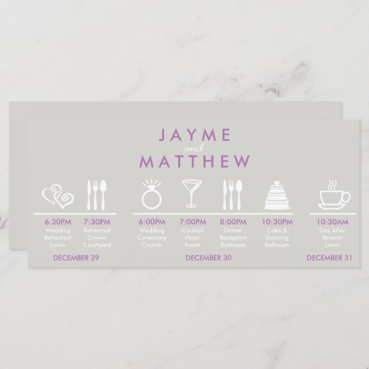 Grauwe en Paarse bruiloft tijdlijn Welkomstpagina  Programmakaart (Voorkant / Achterkant)