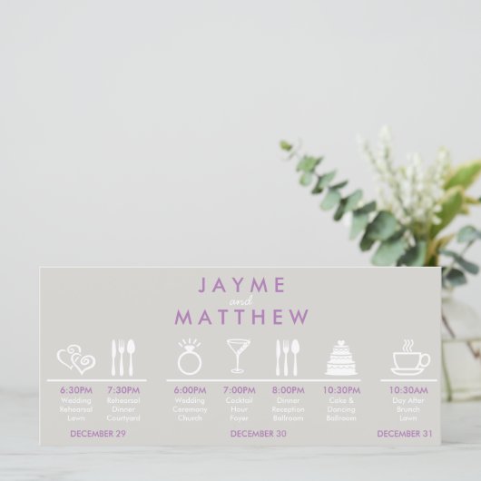 Grauwe en Paarse bruiloft tijdlijn Welkomstpagina Programmakaart (Staand voorkant)