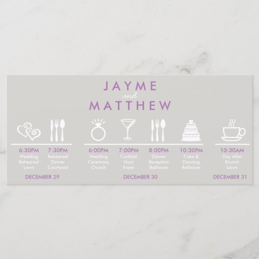 Grauwe en Paarse bruiloft tijdlijn Welkomstpagina  Programmakaart (Voorkant)