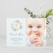 Grauwe en witte Floral op Blauw | Fotobaptisme Bedankkaart (Staand voorkant)