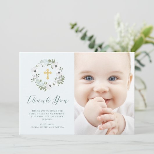 Grauwe en witte Floral op Blauw | Fotobaptisme Bedankkaart (Staand voorkant)