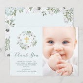 Grauwe en witte Floral op Blauw | Fotobaptisme Bedankkaart (Voorkant / Achterkant)