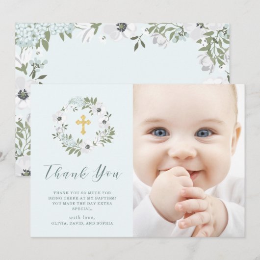 Grauwe en witte Floral op Blauw | Fotobaptisme Bedankkaart (Voorkant / Achterkant)