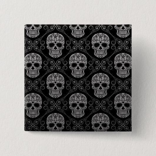 Grauwe en zwarte suikerschedel vierkante button 5,1 cm (Voorkant)