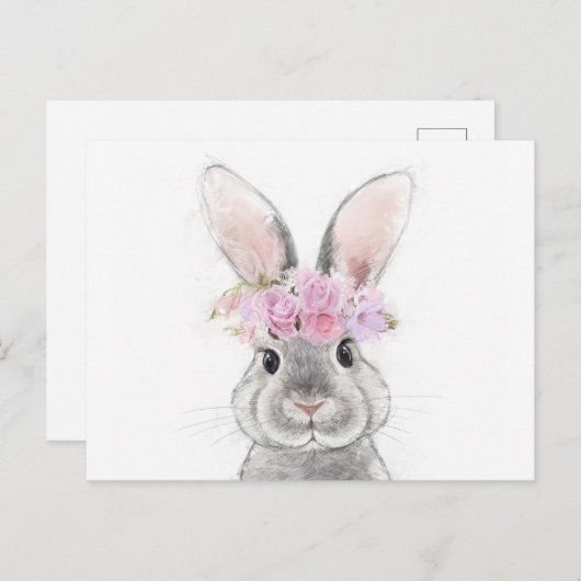 Grauwe konijn met bloemkroon briefkaart (Voorkant / Achterkant)