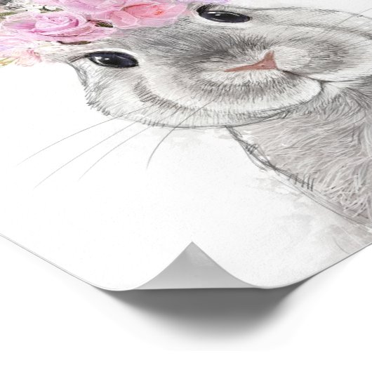 Grauwe konijn met bloemkroon poster (Hoek)