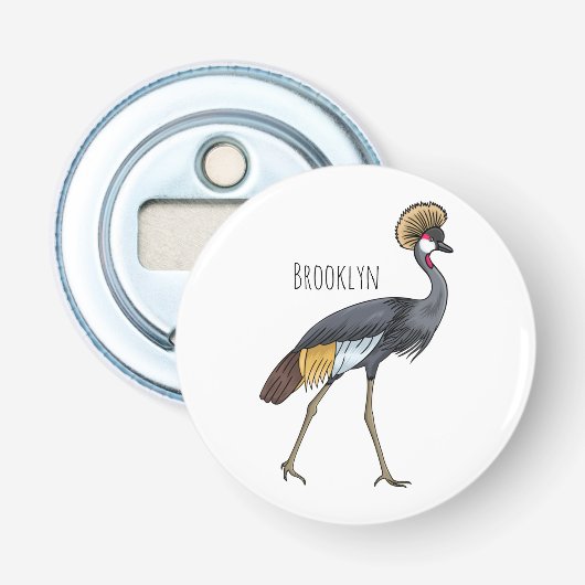 Grauwe kraanvogel cartoon illustratie button flesopener (Voorkant)
