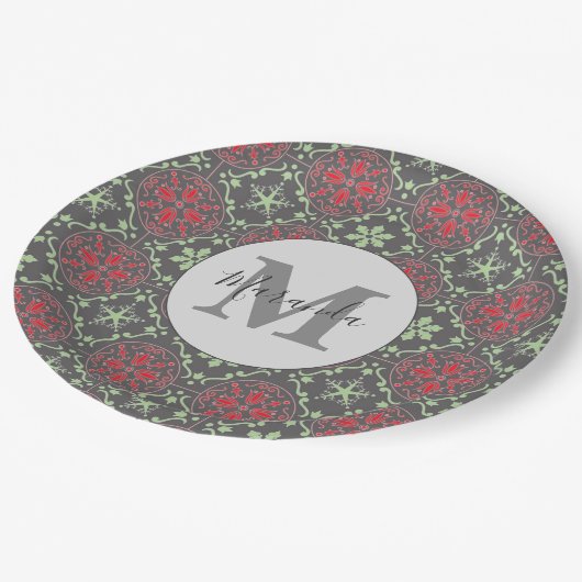 Grauwe Noordse Snowflake Winter Monogram Patroon Papieren Bordje (Gekanteld)