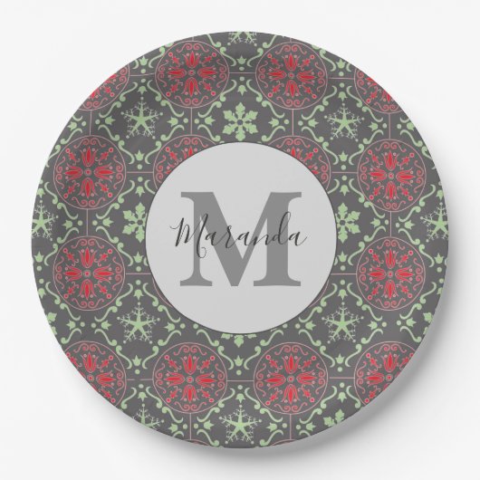 Grauwe Noordse Snowflake Winter Monogram Patroon Papieren Bordje (Voorkant)