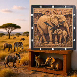 Gravé Olifant Moeder Baby Vierkante Klok