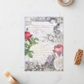 Graved Floral French Script Ephemera Notitiekaartje (Voorkant / Achterkant in situ)