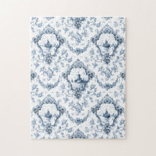 Graved Floral Toile w/Windmill & Boats-Blue Legpuzzel