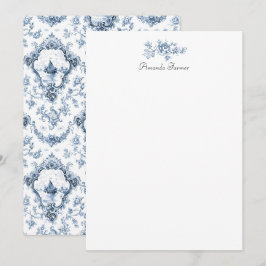 Graved Floral Toile w/Windmill & Boats-Blue Notitiekaartje