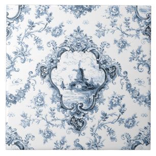 Graved Floral Toile w/Windmill & Boats-Blue Tegeltje
