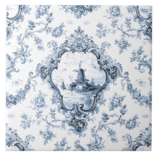 Graved Floral Toile w/Windmill & Boats-Blue Tegeltje (Voorkant)