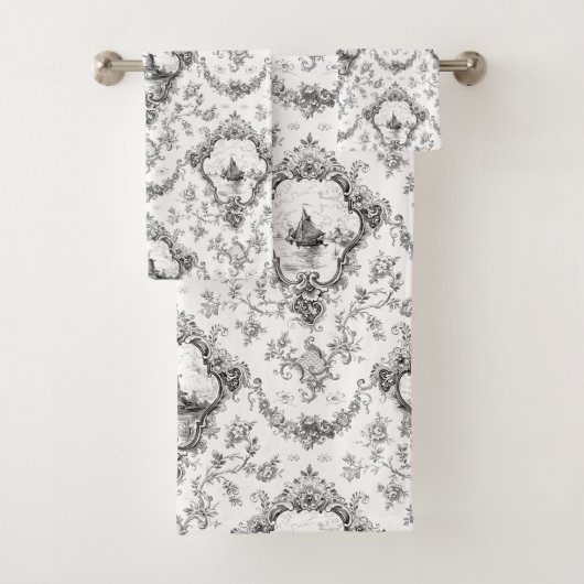 Graved Floral Toile w/Windmill & Boats-Grey Bad Handdoek (Insitu)