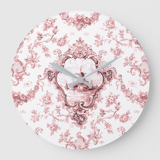 Graved Floral Toile w/Windmill & Boats-roze Grote Klok (Voorkant)