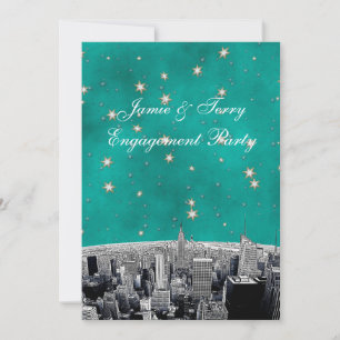 Graveerde NYC-silhouette 2 Teal Gouden Ster V-verl Kaart