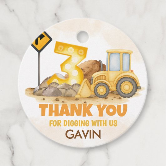 Graven IT Bouwwagen 3e Verjaardag Ronde Bedankjes Labels (Voorkant)