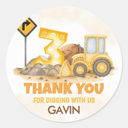 Graven IT Bouwwagen 3e Verjaardagsfeest Ronde Sticker (Voorkant)