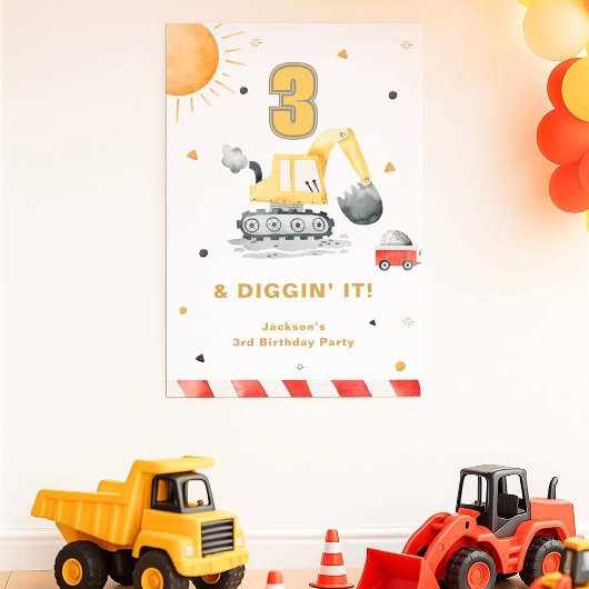 Graven met gele graafmachine verjaardagsfeestje we poster