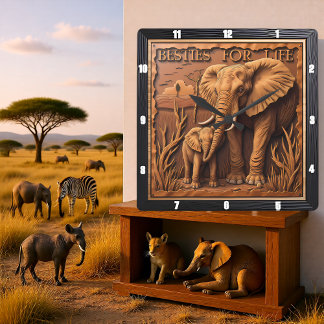 Gravende Olifant Moeder Baby Bij Stof Vierkante Klok