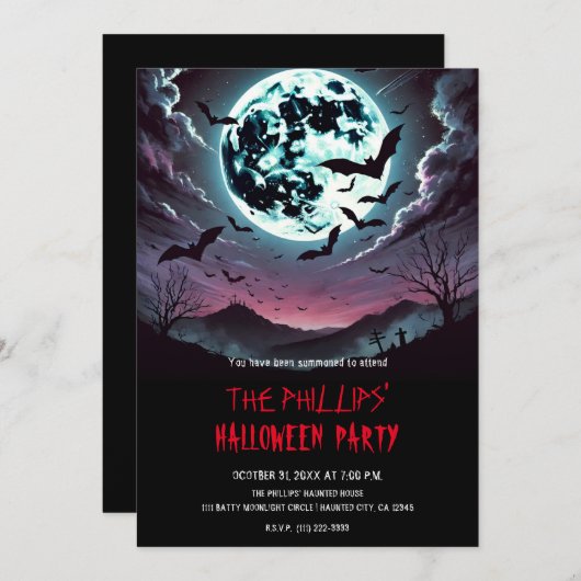 Graveyard Bats in het maanlicht Halloween Party Kaart (Voorkant / Achterkant)