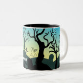 Graveyard black, aqua, yellow Halloween custom Tweekleurige Koffiemok (Voorkant rechts)