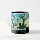 Graveyard black, aqua, yellow Halloween custom Tweekleurige Koffiemok (Voorkant links)