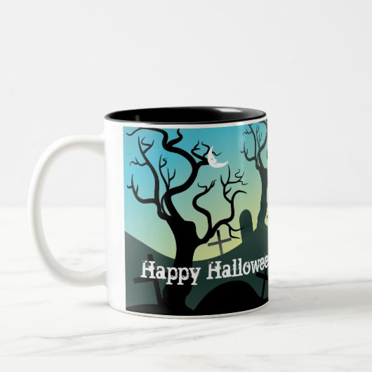 Graveyard black, aqua, yellow Halloween custom Tweekleurige Koffiemok (Links)