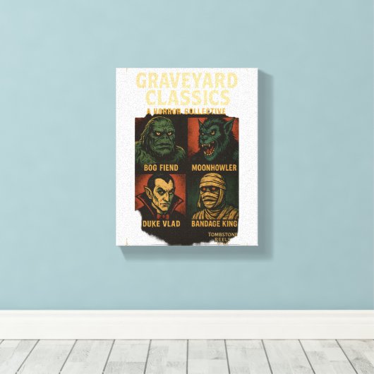 Graveyard Classics Oude Horror Monster Poster Canvas Afdruk (Insitu (Houten vloer))