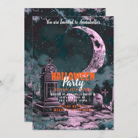 Graveyard Crosses Halloween Crescent Moon Party Kaart (Voorkant / Achterkant)