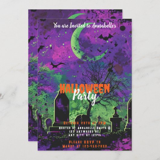 Graveyard Crosses Halloween Crescent Moon Party Kaart (Voorkant / Achterkant)