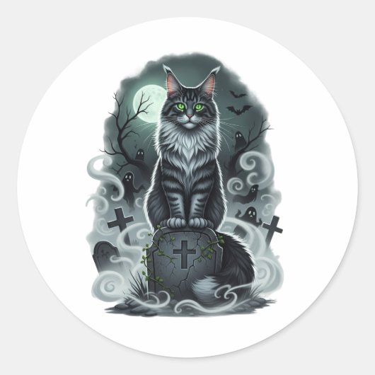 Graveyard Guardian - Maine Coon Halloween Ronde Sticker (Voorkant)