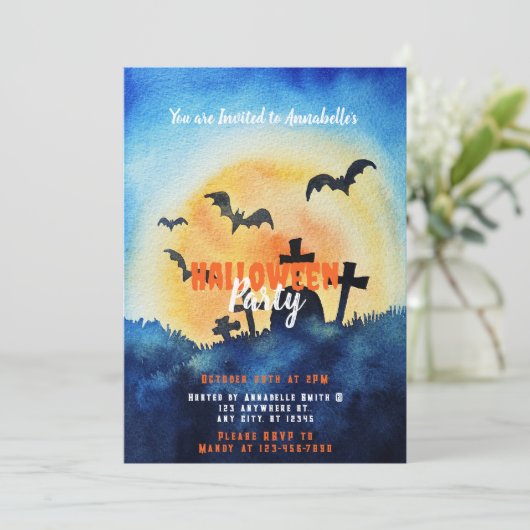 Graveyard setting Sun Bats Halloween Party Kaart (Staand voorkant)