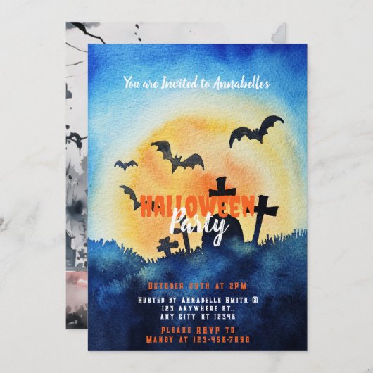 Graveyard setting Sun Bats Halloween Party Kaart (Voorkant / Achterkant)