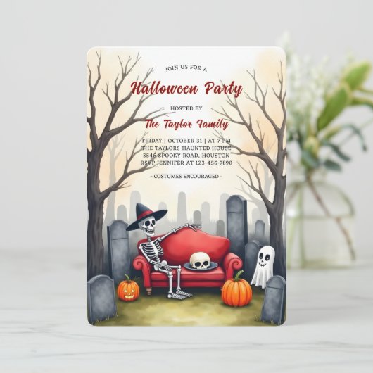 Graveyard Skeleton Ghost Kostuum Halloween Party Kaart (Staand voorkant)