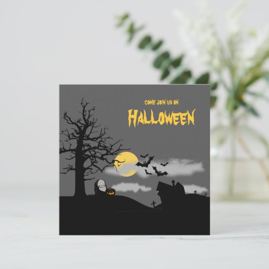 Graveyard & Tree Silhouette Halloween Party Invite Kaart (Staand voorkant)