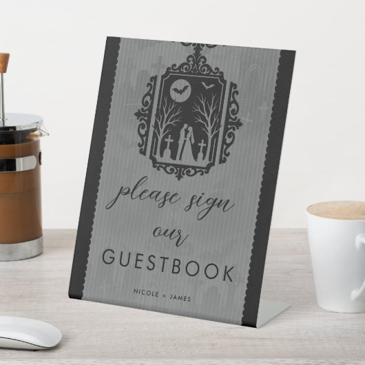 Graveyard Vows Black & Grey Gothic Guestbook Sign Reclamebord Met Voetstuk (Insitu)