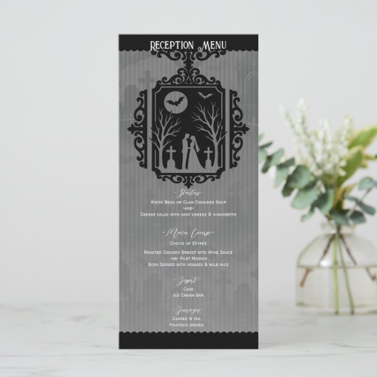 Graveyard Vows Black & Grey Gothic Wedding Menu (Staand voorkant)