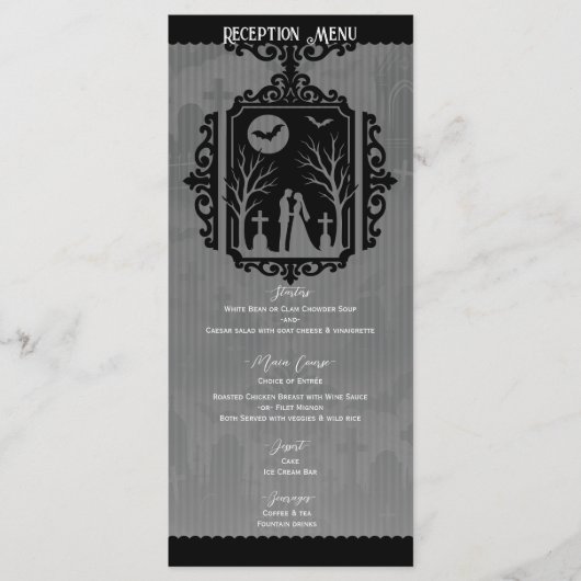 Graveyard Vows Black & Grey Gothic Wedding Menu (Voorkant)