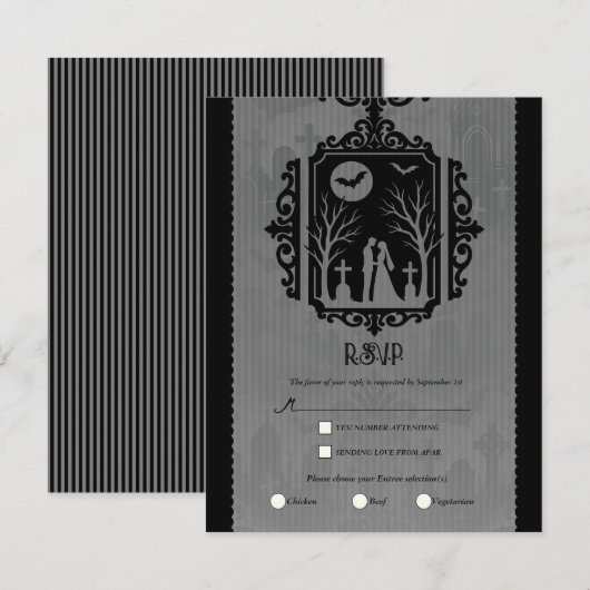 Graveyard Vows Black & Grey Gothic Wedding RSVP Kaart (Voorkant / Achterkant)