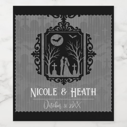 Graveyard Vows Black & Grey Gothic Wedding Wijn Etiket (Enkel label)