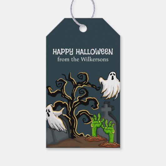 Graveyard Zombie en Geesten Schattige Halloween Cadeaulabel (Voorkant)