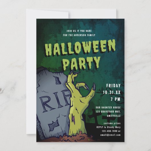 Graveyard Zombie Hand Scary Halloween Party Kaart (Voorkant)