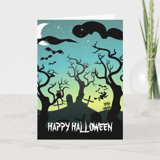 Graveyard zwart, aqua, geel Halloween Kaart (Voorkant)