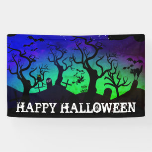 Graveyard zwart, blauw en groen Halloween Spandoek