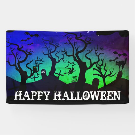 Graveyard zwart, blauw en groen Halloween Spandoek (Horizontaal)