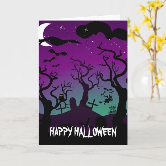 Graveyard zwart, paarse, turquoise Halloween Kaart (Gele Bloem)